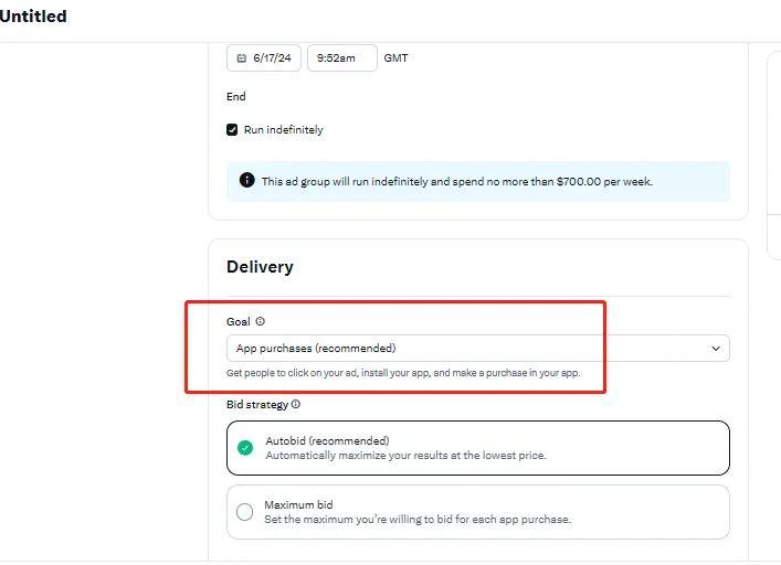 广告组层级目标选择应用购买