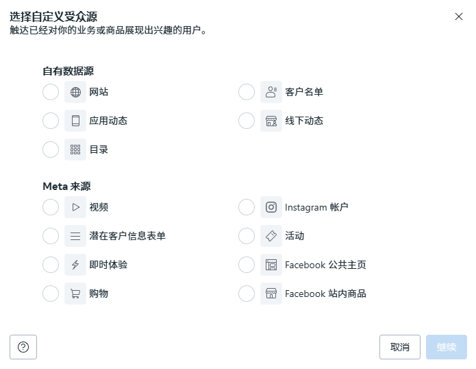 Facebook自定义受众类型/Facebook来源