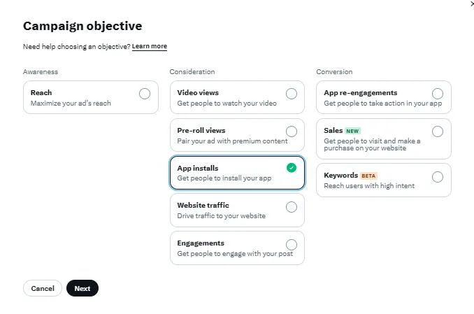 广告系列层级选择应用安装为广告目标 广告系列层级选择应用安装为广告目标